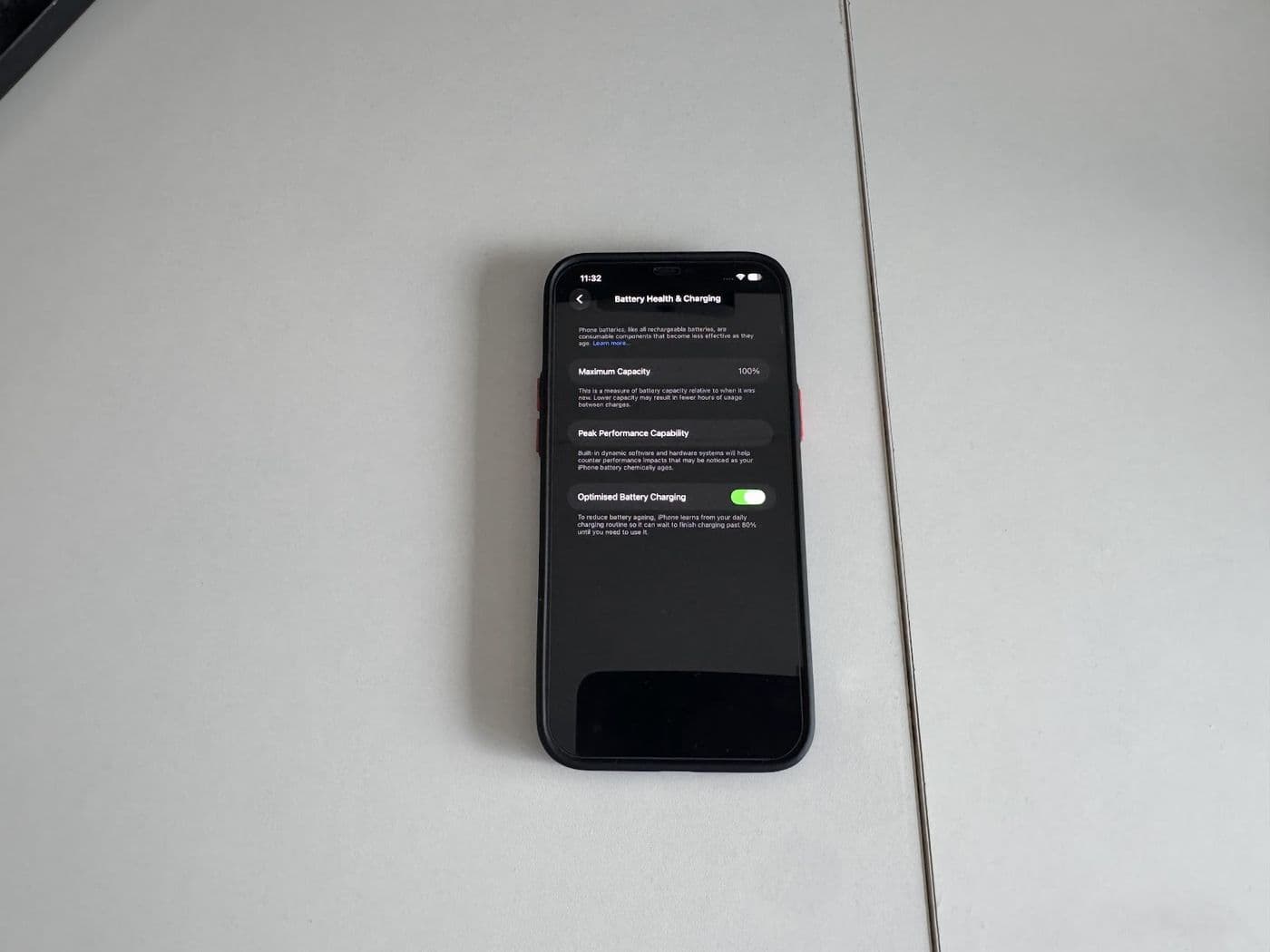 A phone showing its battery health screen after a repair